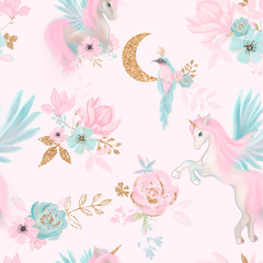 fairy magical garden. unicorn seamless pattern, pink, blue, gold flowers, leaves , birds and clouds.