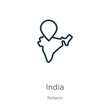 India icon. Thin linear india outline icon isolated on white background from religion collection. Line vector sign, symbol for web and mobile