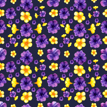 Seamless Pattern Of Watercolor Purple And Yellow Flowers. Dark Purple Background