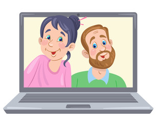 Wall Mural - Cute young couple man and woman on laptop screen. Video chat online. Internet communication during quarantine. In cartoon style. Vector illustration