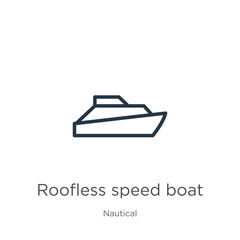 Poster - Roofless speed boat icon. Thin linear roofless speed boat outline icon isolated on white background from nautical collection. Line vector sign, symbol for web and mobile