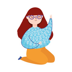 Sticker - young woman with glasses on the knees character isolated icon