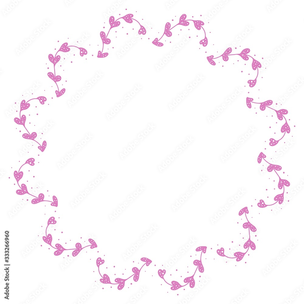 Decorative frame with pink flowers in the shape of a heart. Polka dot ...