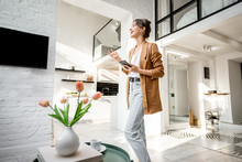Woman Having Some Business Work, Standing With A Smart Phone In The Modern Living Room At Cozy Home. Concept Of Remote Work From Home
