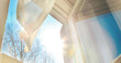 Leinwandbild Motiv Window is open wind blows curtain sun shining through window