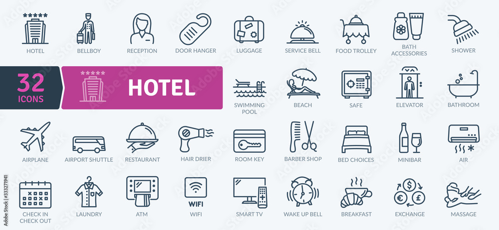 Hotel Icons Pack. Thin line icons set. Flaticon collection set. Simple vector icons - obrazy, fototapety, plakaty 
