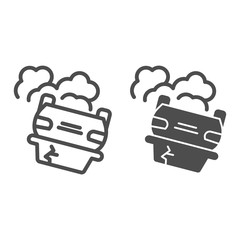 Poster - Inverted automobile line and solid icon. Overturned damaged vehicle and smoke symbol, outline style pictogram on white background. Car accident sign for mobile concept and web design. Vector graphics.