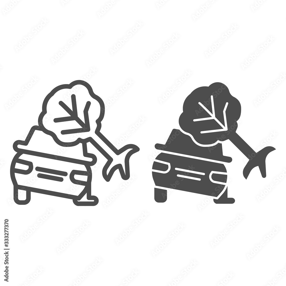Crashed automobile after storm line and solid icon. Auto damaged by ...