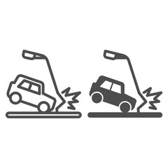 Wall Mural - Automobile hit lamp post line and solid icon. Vehicle crash into street lighting symbol, outline style pictogram on white background. Car accident sign for mobile concept, web design. Vector graphics.