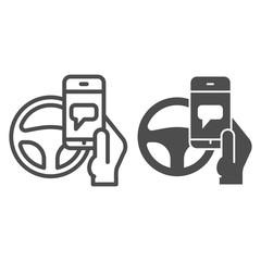 Poster - Texting while driving line and solid icon. Smartphone threat and steering wheel symbol, outline style pictogram on white background. Car accident sign for mobile concept, web design. Vector graphics.