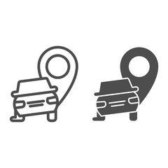 Poster - Car crash location line and solid icon. Auto with map pin pointer, safe driving symbol, outline style pictogram on white background. Road accident sign for mobile concept, web design. Vector graphics.