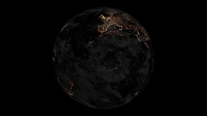 Wall Mural - Planet Earth at night with the lights of night cities. Rotating Loop Background with Alpha Channel 3D 4k.