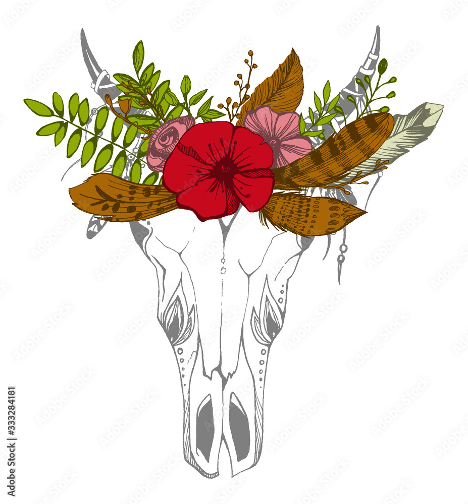 Cow, buffalo, bull skull in tribal style with flowers. Bohemian, boho ...