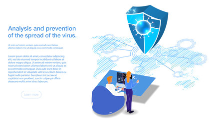 Poster - Map of the spread or prevention of the virus and disease, vector illustration of isometry. Light tone. The doctor sits behind the statistics. Map of the world and spread the sign of protection.