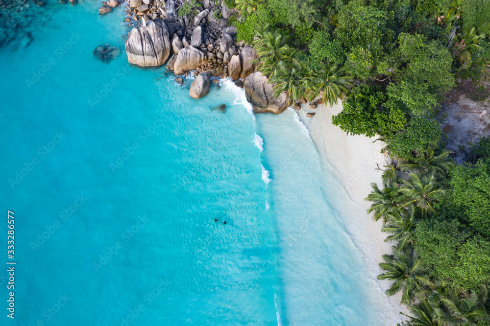 Anse Lazio beach aerial view in Seychelles Praslin Island  - obrazy, fototapety, plakaty 
