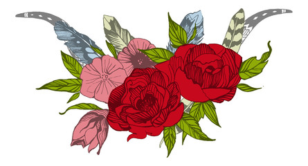 Bohemian style flowers. Roses and peony for wedding invitation design. Vector illustration.