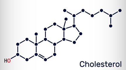 Poster - Cholesterol molecule. It is a sterol, modified steroid, a type of lipid, found in the cell membranes of all body tissues. Structural chemical formula. Vector illustration