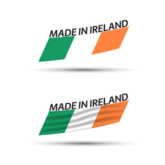 Wall Mural - Two modern colored vector flags with Irish tricolor isolated on white background, flags of Ireland, Irish ribbons, Made in Ireland