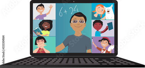 Cuadros en Lienzo Elementary school teacher conducting a lesson via video chat with his students,