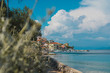 Postcard panorama of adriatic coastal city of Valun on Croatian island of Cres. Beautiful small picturesque village at the beach in the summer sun.