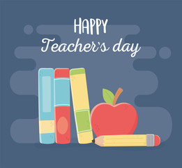 happy teachers day, school stand books apple and pencil