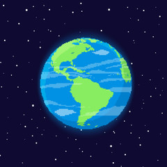 Poster - Vector planet Earth icon. Pixel art 8 bit. Flat planet Earth icon in space. 