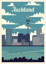 Retro Poster Auckland City Skyline. Vintage Vector Illustration.
