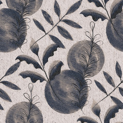 Wall Mural - Seaumless neutral worn faded western white denim jean texture with floral leaf pattern overlay. Intricate mottled grungy seamless repeat raster jpg pattern swatch.