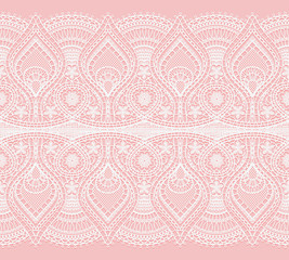  Seamless white lace ribbon isolated on pink background. Wide openwork strip. Horizontal continuous design.