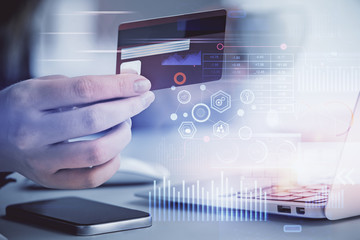Aufkleber - Double exposure of woman on-line shopping holding a credit card and data theme hologram drawing. E-commerce concept.