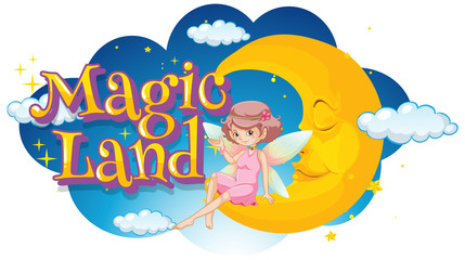 Wall Mural - Font design for word mangic land with fairy on the moon