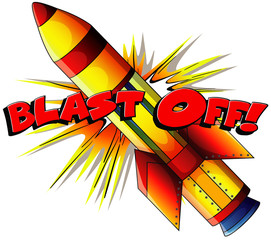 Wall Mural - font design for phrase blast off with rocket on white background