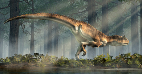 Aufkleber - Carnotaurus was a carnivorous theropod dinosaur with horns on its head that lived in Cretaceous era South America. Here, one is depicted in a forest. 3D Rendering 