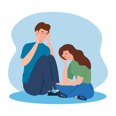 Sticker - couple sitting with stress attack vector illustration design