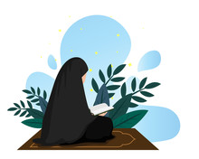 Moslem Women Read Quran, Elegant Flat Illustration, Suitable For Education, Ramadan, Happy Iftar And Eid Al Fitr, Modern Islamic Poster Design