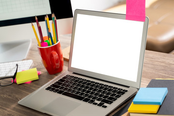 Poster - Mockup of business man using communication laptop screen for your advertising text message coffee on table copy space.