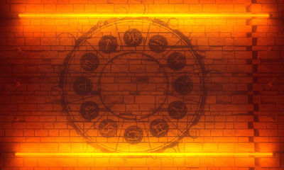 Wall Mural - Astrological symbols in the circle. New Year and Christmas celebration card template. Zodiac circle. Brick wall and neon light illumination. 3D rendering