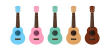 Ukulele Cute Collection Isolated On White, Small Ukelele Pastel Color For Flat Icon, Realistic Ukelele Set For Classical Music Play, Ukulele Classic Retro Style In Holiday Summer Concept, Small Guitar