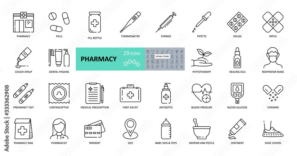 Vector pharmacy icons. Set of 29 images with editable stroke. Online sale medical preparations, equipment, thermometer, syringe, masks, shoe covers, vitamin, cough syrup, first-aid kit, contraceptives - obrazy, fototapety, plakaty 