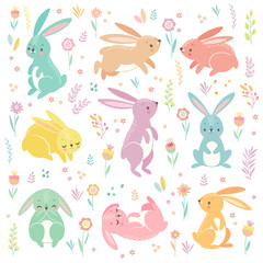 Poster - Cute bunnies sleeping, running, sitting. Lovely Easter characters.