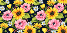  Floral Seamless Pattern With Decorative Sunflowers, Poppies, Daisies And Leaves.