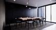 modern minimal dining room interior design, black wall, looking out to see the view, 3d render background