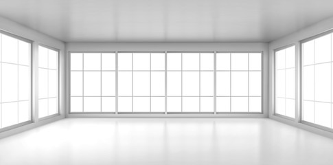 Empty white room with large windows. Vector realistic 3d interior of office, studio, modern living room in house or apartment. Minimal style of room design interior