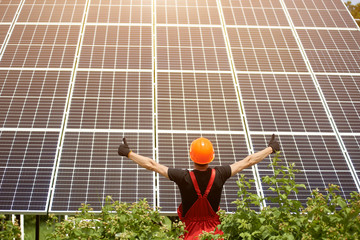 Wall Mural - Worker standing with his back to camera against the background of large plantation solar batteries showing thumbs signs like. Home construction. Green ecological power energy generation.