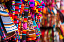 Closeup Of Light Striped Handbags On The Souvenir Store In Bolivia