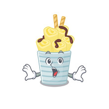 A Cartoon Character Of Ice Cream Banana Rolls Making A Surprised Gesture