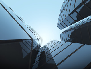 Poster - View of glass building on blue sky background,Business concept of future architecture,looking up to the light on the top of building. 3d rendering.