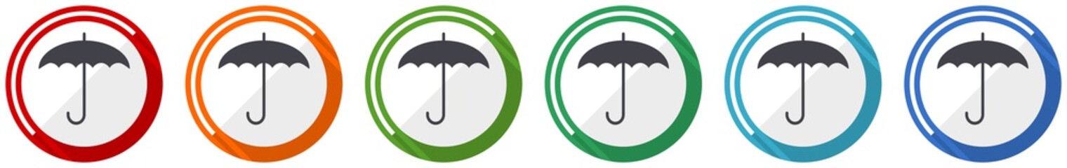Aufkleber - Umbrella icon set, flat design vector illustration in 6 colors options for webdesign and mobile applications