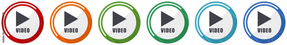 Video Template Icon Video icon set, flat design vector illustration in 6 colors options for ...