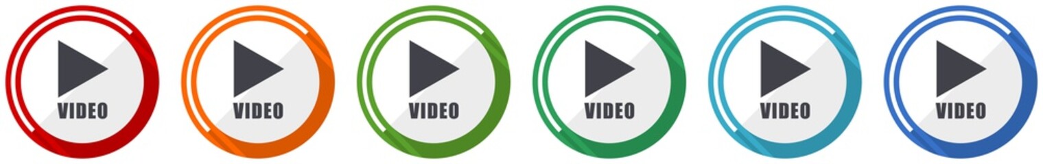 Leinwandbilder - Video icon set, flat design vector illustration in 6 colors options for webdesign and mobile applications